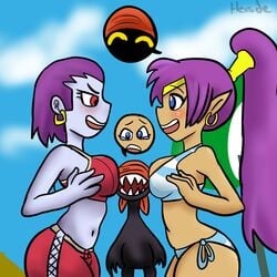 2girls bikini blue_eyes body_swap breasts faceless_male female multiple_girls purple_hair red_eyes risky_boots shantae shantae_(character) smile smooth_skin tinkerbat