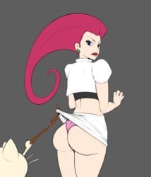 angry annoyed captainbuttocks_(artist) edit edited human jessie_(pokemon) looking_back meowth miniskirt panties parody picot_trim picot_trim_panties pink_panties pokemon upskirt