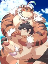 2020 anthro ass ayame42612 belly blush bodily_fluids bulge chubby_protagonist_(tas) clothing duo erection felid gay genitals hi_res hombretigre human kemono male male/male male_only mammal moobs nipples outside overweight overweight_male pantherine penis protagonist_(tas) sweat swimwear tiger tokyo_afterschool_summoners video_games yaoi