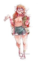 1girls ahe_gao ass big_breasts denim_shorts female freckles ginjaninjaowo heart-shaped_pupils mole small_breasts thick_thighs tongue_out youtube youtuber