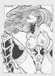 artistic_nude big_breasts boots choker corset eyes line_art matt_maguire monster_pussy nipple_piercing pencil_(artwork) uncolored