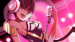 breasts elesa_(pokemon) elesa_(pokemon_bw2) female gym_leader hair_ornament headphones highres human medium_breasts microphone microphone_stand nintendo pokemon pokemon_bw2 pokemon_masters seductive_smile smile sygna_suit_elesa vivivoovoo