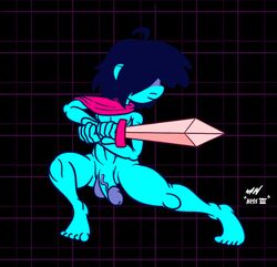 1boy blue_skin cape deltarune kris_(deltarune) male_only nessvii penis sword testicles