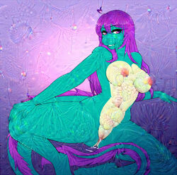 anthro blue_skin breasts cum_in_pussy deepdream female here-kitty--kitty looking_at_viewer psychedelic purple_eyes purple_hair pussy scalie smile solo