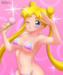 1girls :p athletic barely_clothed bikini bishoujo_senshi_sailor_moon blonde_hair cleavage cute earrings erect_nipples_under_clothes female female_only hair_buns ice_cream looking_at_viewer odango perky_breasts pink_background pinup salute sideboob small_breasts solo standing star_earrings stars string_bikini swimsuit tagme teenager tongue_sticking_out twintails underboob usagi_tsukino very_long_hair wink zel-sama