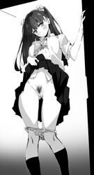 blush bra breasts censored closed_mouth eyebrows_visible_through_hair feet_out_of_frame female greyscale hair_ornament hair_scrunchie hand_up head_tilt large_breasts long_hair looking_at_viewer monochrome mosaic_censoring open_clothes open_shirt original panties panty_pull pubic_hair pussy school_uniform scrunchie short_sleeves skirt skirt_lift socks solo standing tabata_hisayuki twintails underwear