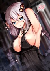 1girls :d armpits arms_behind_back arms_up bangs black_dress blue_eyes blurry blurry_background blush braid breasts cleavage depth_of_field detached_collar detached_sleeves dress dutch_angle eyebrows_visible_through_hair female frilled_dress frills hair_ornament heart highres indoors kizuna_akari large_breasts long_hair looking_at_viewer nose_blush open_mouth se-u-ra silver_hair sleeveless sleeveless_dress smile solo speech_bubble spoken_blush twin_braids very_long_hair vocaloid voiceroid