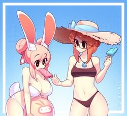 2020 2girls :3 animal_ears artist_name ball beach_ball bikini black_bikini black_eyes blue_background breasts brown_hair bunny_ears bunny_girl bunny_tail cleavage cute double_bun eating eyebrows_visible_through_hair eyes_visible_through_hair female female_only fiz fizintine glasses highres holding holding_food large_breasts looking_at_another luna_(fizintine) multiple_girls navel necklace original pink_hair popsicle ribbon semi-rimless_glasses small_breasts smile sparkling_eyes standing straw_hat swimsuit tail thick_thighs thighs tied_hair white_bikini