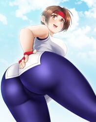 1girls absurdres ass ass_grab bare_shoulders blush braid breasts brown_eyes brown_hair cameltoe female female_only fingerless_gloves from_behind from_below grabbing_ass headband huge_ass king_of_fighters large_ass large_breasts looking_at_viewer looking_back next_one shiny shiny_skin sideboob smile snk spandex thick_thighs thighs tied_hair viewed_from_below wide_hips yuri_sakazaki