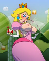 1girls alternate_breast_size big_breasts blonde_hair blush breast_expansion breasts crown embarrassed female female_only gao23 gloves gown huge_breasts mario_(series) mushroom nintendo nipples princess_peach ripped_clothing solo super_mario_bros. video_games wardrobe_malfunction