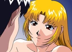 1boy 1girls 90s animated black_hair blonde_hair brown_hair couple female game_cg indoors kissing long_hair looking_at_another lowres male nude open_mouth smile sogna takako_(viper) tongue viper_(series) viper_v16