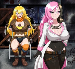 2girls big_breasts blonde_hair boots brown_eye brown_hair cleavage female_only fully_clothed heel_boots high_heel_boots knee_boots long_hair mature_female multicolored_eyes multicolored_hair multiple_girls neo_(rwby) pink_eye pink_hair rat rooster_teeth rwby two_tone_ears two_tone_hair yang_xiao_long yensh