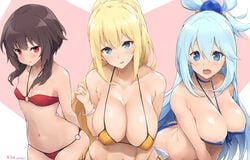 3girls aqua_(konosuba) big_breasts bikini black_hair blonde_hair blue_eyes blue_hair darkness_(konosuba) dustiness_ford_latatina female_only huge_breasts jam_pentail jampen kono_subarashii_sekai_ni_shukufuku_wo! long_hair megumin multiple_girls red_bikini red_eyes short_hair small_breasts swimsuit thick_thighs