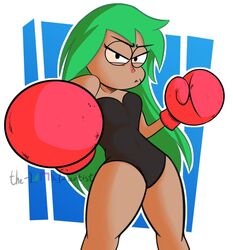 1girls acolyteartist bare_shoulders big_thighs black_eyes boxing_gloves cartoon_network dark-skinned_female dark_skin female female_only gloves green_hair half-closed_eyes leotard long_hair ok_k.o.!_let's_be_heroes punching_judy red_boxing_gloves red_gloves simple_background solo solo_female thick thick_thighs thighs wide_hips