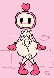 blush bomberman nessvii pink_bomber sitting_on_bed small_breasts wide_hips