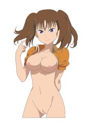 1girls belly_button breasts brown_hair diane_(nanatsu_no_taizai) female_only giantess nanatsu_no_taizai nipples nude nude_female open_clothes orange_clothing pigtails purple_eyes pussy scantily_clad solo_female teenager twintails