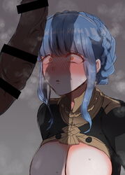 1girls absurdly_large_cock bar_censor bestiality big_breasts blue_hair censored cock_awe cock_shadow dorte_the_horse fire_emblem fire_emblem:_three_houses garreg_mach_monastery_uniform heavy_blush horsecock huge_breasts huge_cock large_breasts marianne_von_edmund mottirimuttiri naughty_face penis_awe penis_shadow seductive zoophilia