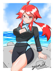 big_breasts cleavage elite_four female female_only glasses human lapras long_hair lorelei_(pokemon) lorelei_(pokemon_lgpe) mature_female nintendo pokemon pokemon_frlg pokemon_gsc pokemon_lgpe pokemon_rgby red_eyes red_hair solo solo_female solo_focus yensh