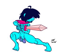 1boy blue_skin cape deltarune kris_(deltarune) male_only nessvii penis sword testicles