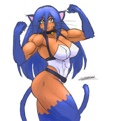 1girls bell_collar blue_fur blue_hair cat_ears cat_tail catgirl choker collar dark_skin female_only fit fit_female kemonomimi large_breasts leotard long_hair looking_at_viewer monster_girl muscular muscular_female muscular_thighs original original_character posing ryuka smile thick_thighs very_long_hair whiskers wickedraiden yellow_eyes