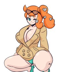 1girls alternate_breast_size aqua_eyes big_breasts coat covered_breasts eyelashes female hair_ornament heart huge_breasts huge_thighs human iggy-bomb large_breasts long_hair nintendo one_eye_closed orange_hair pale-skinned_female pale_skin panties pokemon pokemon_ss ponytail sonia_(pokemon) squatting sunglasses_on_head thick_thighs thighs voluptuous wide_hips