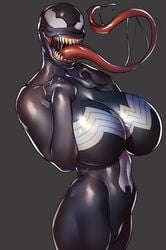 1girls 5_fingers alien alternate_breast_size alternate_outfit ass belly belly_button big_ass big_breasts black_skin breasts cleavage female female_only fit grey_background gwen_stacy gwenom hand_on_breast hips huge_breasts humanoid large_ass large_breasts living_suit long_tongue looking_at_viewer marvel marvel_comics muscular muscular_female navel no_nipples no_pussy open_mouth ph pose saliva saliva_string sharp_teeth she-venom simple_background slime smile smiling smiling_at_viewer solo solo_female source_request spider-gwen spider-man_(series) standing symbiote teeth thick thick_ass thick_thighs thighs tongue tongue_out top_heavy venom voluptuous wet white_eyes wide_hips