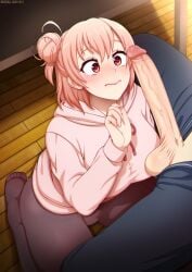 big_penis erection my_teen_romantic_comedy_snafu neocoill penis pink_clothing pink_eyes pink_hair stockings surprised_expression testicles uncensored yuigahama_yui