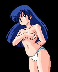 1girls 90s arm_behind_back armpits black_background blue_eyes blue_hair breasts brocken_(game) covering covering_breasts eyebrows_visible_through_hair female female_only game_cg long_hair lowres m.i.n matching_hair/eyes medium_breasts navel official_art panties parody ranma_1/2 simple_background smile solo thick_thighs thighs topless ukyo_kuonji underwear white_panties