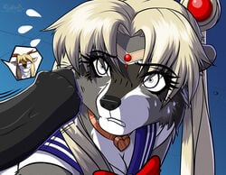 2020 anthro antlers bishoujo_senshi_sailor_moon black_nose black_penis blonde_hair bodily_fluids breasts cervid cleavage clothed clothing cosplay disembodied_penis duo ears_back erection eyelashes eyewear facial_piercing female flying_sweatdrops fur genitals glasses grey_body grey_fur hair horn long_hair looking_at_penis male mammal nose_piercing nose_ring penis piercing pivoted_ears procyonid raccoon sailor_moon_(cosplay) sailor_moon_redraw_challenge sailor_uniform shaded shirt siekfried signature solo_focus speech_bubble straight sweat sweatdrop throbbing topwear uncensored white_clothing white_eyes white_shirt white_topwear