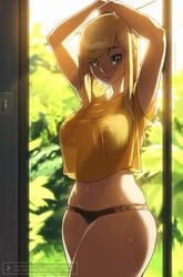 arms_up aurahack breasts curvy female female_only large_breasts long_hair looking_at_viewer metroid nintendo panties samus_aran see-through shirt skindentation smile solo thick_thighs wide_hips yellow_hair