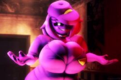 3d 3d_(artwork) arms_up badge big_breasts choker cleavage eye_covering female female_only five_nights_at_freddy's glowing_eyes happy hat huge_breasts large_breasts long_hair open_mouth pornzensfm_(artist) purple_body purple_guy purple_guy_(fnaf) purple_hair purple_skin rule_63 sfm shoulder_length_hair shrug smiling source_filmmaker teeth tight_clothing tight_fit wendy_afton wide_hips william_afton