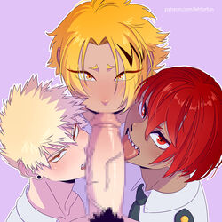 4boys blonde_hair censored censored_penis denki_kaminari eijirou_kirishima fehforfun fellatio femboy gay hanta_sero katsuki_bakugou male male/male male_only my_hero_academia oral oral_sex penis penis_lick red_eyes red_hair uniform yaoi yellow_eyes