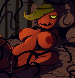 1boy 1girls after_sex anthro cum female mrdoccon original plant_humanoid pumpkin pumpkin_head tagme