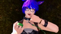 1girl 1girls 2020s 2023 3d blue_eyes blue_hair bracelet bracelets cat_ears cat_tail catgirl choker collar fangs final_fantasy final_fantasy_xiv glasses gpose(ffxiv) holding_leash holding_object inviting keeper_of_the_moon leash leather_choker leather_collar looking_at_viewer miqo'te neko nekomimi offering offering_leash offering_to_viewer open_mouth petplay purple_eyes purple_hair screencap sillylady solo solo_female solo_focus square_enix tagme teeth wink winking winking_at_viewer