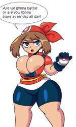 1girls abs bag belt big_breasts bike_shorts blue_eyes breasts breasts_out brown_hair bursting_breasts cleavage curvy female gloves holding_object huge_breasts human iggy-bomb large_breasts leggings looking_at_viewer may_(pokemon) medium_hair minishorts nintendo open_mouth pale-skinned_female pale_skin partially_visible_nipples pokeball pokemon pokemon_rse shorts speech_bubble text thick_thighs thighs tight_clothing tight_shorts voluptuous wide_hips