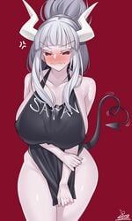 bare_legs big_breasts blush covering covering_crotch curvy demon_girl demon_horns demon_tail embarrassed helltaker horns huge_breasts looking_at_viewer lucifer_(helltaker) mole_under_eye naked_apron oerba_yun_fang pale-skinned_female pale_skin red_eyes silver_hair tail thick_thighs watosu_(watosu_mama) wide_hips