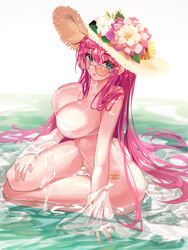 absurdres azur_lane bangs bare_shoulders bikini blush breasts cleavage collarbone female flower green_eyes hat hat_flower highres large_breasts long_hair looking_at_viewer looking_over_eyewear looking_over_glasses munseonghwa navel orange-tinted_eyewear orange-tinted_glasses pink_hair simple_background straw_hat sunglasses surcouf_(azur_lane) surcouf_(loisirs_balneaires)_(azur_lane) swimsuit thighs tinted_eyewear white_background white_bikini