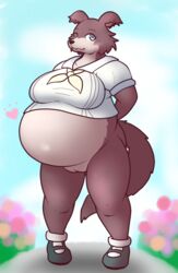 alternate_version_at_source anthro beastars belly big_belly big_breasts blush bottomless breasts brown_body brown_fur canid canine canis clothed clothing female footwear fur genitals heart juno_(beastars) mammal monooki333 overweight overweight_female pussy school_uniform solo uniform wolf