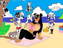 101_dalmatian_street 101_dalmatians 2boys 5girls anthro anthrofied beach bikini blue_sky bodily_fluids breast_conscious breast_envy breasts canid canine canis casual_one-piece_swimsuit cleavage clothed clothing cloud dalmatian day daytime dee_dee_(101_dalmatians) delilah_(101_dalmatians) diesel_(101_dalmatians) diesel_(disambiguation) disney dizzy dolly_(101_dalmatians) domestic domestic_dog dorothy_(101_dalmatians) dylan_(101_dalmatians) envy fangs female full_body group humanoid knees_up large_breasts male mammal mastiff medium_breasts molosser ocean outdoors pink_bikini plank rottweiler roxy_(101_dalmatians) saliva seaside side-tie_bikini sitting small_breast_angst small_breasts spoken_object standing straight swimwear teeth thought_bubble thought_object tongue unknown_artist