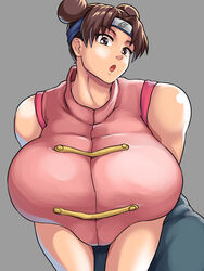 1girls 3:4 artist_request bare_arms bare_shoulders bbw big_breasts breast_press breasts brown_eyes brown_hair busty clothed clothes clothing eyebrows eyebrows_visible_through_hair eyelashes female female_only forehead_mark fully_clothed grey_background hair hair_bun headband huge_breasts human human_only humanoid large_breasts light-skinned_female light_skin looking_at_viewer naruto naruto_(series) open_mouth oppai pose posing short_hair simple_background sleeveless_shirt solo solo_female solo_focus standing tenten top_heavy