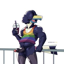 1:1 anthro avian better_version_at_source beverage bird black_penis clothing genitals hair hair_over_eye hi_res holding_object humanoid_genitalia humanoid_penis leaning lgbt_pride_colors male male_only modern_bird one_eye_obstructed penis pride_color_clothing pride_colors solo toucan uncut