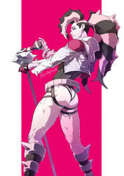 2019 ass bara buff clothing dated evinist human jockstrap long_hair looking_at_viewer male male_focus male_only microphone muscles muscular nintendo piers_(pokemon) pokémon pokemon pokemon_ss spikes thick_thighs thighs thong tight_clothing underwear watermark