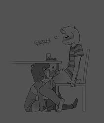 1boy 1girls anthro anthro_on_human asriel_dreemurr big_penis blowjob chara deepthroat fellatio female_human furry glazed_(artist) handjob heart horns huge_cock human male/female male_anthro male_anthro/female_human paws small_but_hung tagme throat_bulge under_the_table undertale undertale_(series)