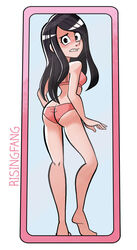 1girls artist_signature ass black_hair bra female long_hair mirror nervous original_character panties pink_bra pink_panties risingfang sideboob solo teeth underwear white_skin