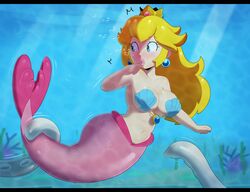 1girls 1other big_breasts blonde_hair blue_eyes blush breasts cleavage crown curvy female female_focus full_body imminent_sex jpeg long_hair mario_(series) mermaid navel nintendo pink_tail princess_peach puckered_lips seashell_bra solo_focus somescrub tentacle thick_lips underwater water