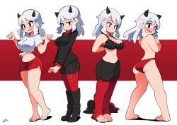 ass blush boots bra cleavage demon demon_girl demon_horns feet ghelber0 helltaker horns leggings midriff modeus_(helltaker) pac-man_eyes panties pencil_skirt red_leggings red_legwear red_tights skirt tied_shirt tights white_hair