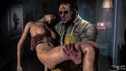 3d artist_request bubba_sawyer clothed_male_nude_female crossover dbd dead_by_daylight lara_croft lara_croft_(survivor) leatherface medium_breasts nipples nude_female peril texas_chainsaw_massacre tomb_raider tomb_raider_(survivor)