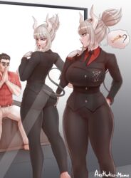 1boy 1girls absurdres aestheticc-meme ass bangs big_ass big_breasts breasts female helltaker highres horns large_breasts lucifer_(helltaker) male solo_focus suit tight_clothing white_hair