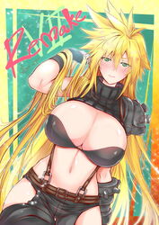 1girls 2020 artist_name asymmetrical_clothes asymmetrical_gloves belt black_bra black_gloves blonde_hair blush bra breasts cigar_cat cleavage clothing cloud_strife female female_only final_fantasy final_fantasy_vii final_fantasy_vii_remake fingerless_gloves genderswap genderswap_(mtf) gloves green_eyes hair_between_eyes hair_grab highres huge_breasts long_hair looking_at_viewer midriff navel rule_63 shoulder_pads signature solo spiked_hair standing suspenders sweater sweater_lift text thighs thunder_head turtleneck underwear very_long_hair