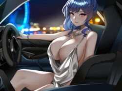 1girls azur_lane blue_hair car cleavage collar dress female female_only huge_breasts indoor light-skinned_female light_skin lilycious long_hair looking_at_viewer ponytail red_eyes skimpy_clothes smiling solo st._louis_(azur_lane) st._louis_(luxurious_wheels)_(azur_lane)